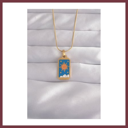 SHNSTORE 316L Çelik Gold Renk Mavi Mineli Güneş Model Tarot Kolye SHN0720