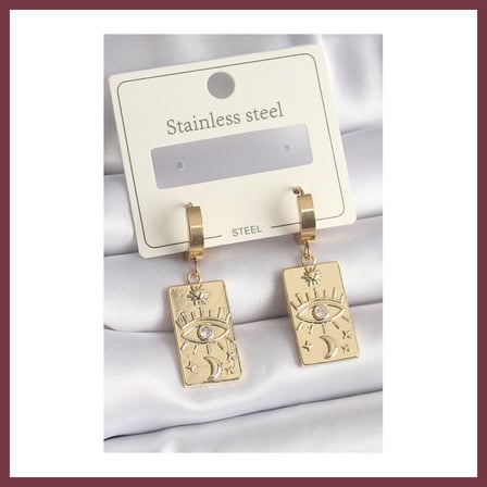 SHNSTORE 316L Çelik Gold Renk Zirkon Taşlı Göz İşleme Detay Plaka Model Kadın Küpe SHN0720