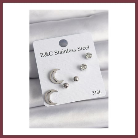 SHNSTORE 316L Çelik Gümüş Renk Zirkon Taşlı Hilal Model Kadın Küpe Seti SHN0720