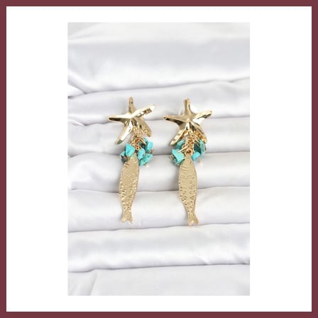 SHNSTORE Deniz Yıldızı ve Balık Detaylı Mavi Taşlı Gold Renk Kadın Küpe SHN0720
