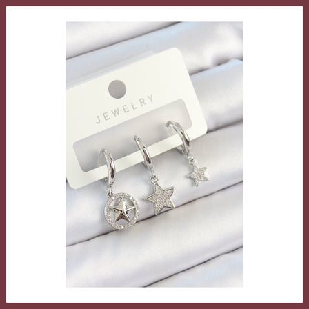 SHNSTORE Pirinç Zirkon Taşlı Yıldız Model Gümüş Renk 3'lü Çift Kadın Küpe Set SHN0720