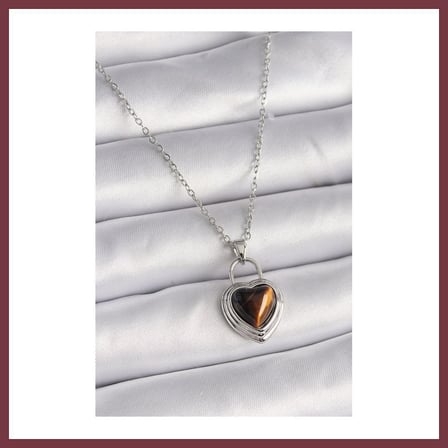 SHNSTORE 316L Çelik Gümüş Renk Zincir Kilit Kalp Kehribar Boncuk Model Kadın Kolye SHN0720