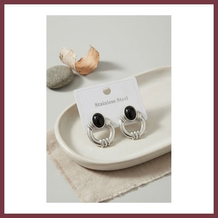 SHNSTORE 316L Çelik Gümüş Renk Vintage Siyah Taşlı Küpe SHN0720