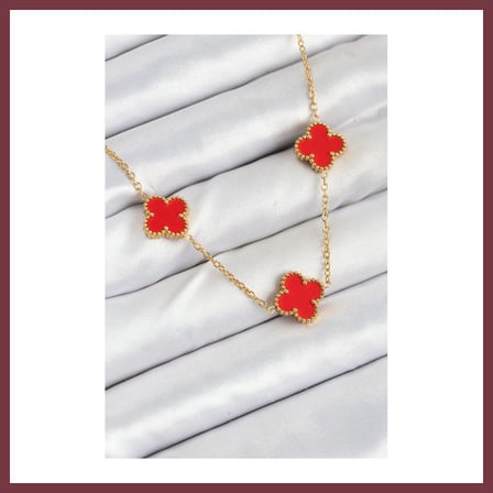SHNSTORE 316L Çelik Zincir Gold Kırmızı Renk Yonca Kadın Kolye SHN0720