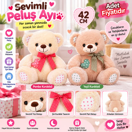 SHNSTORE 1001522 PELUŞ AYI OTURAN KURDELELİ KALPLİ 42 CÖ 2A (adet fiyatıdır) SHN0720