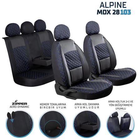 Volkswagen Jetta Mk 6 2011-2013 Deri Detaylı Oto Koltuk Kılıfı Ön Arka Set Alpine Siyah Mavi ŞHN