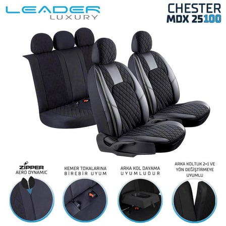 Renault Clio 5 Hatchback Yarı Deri Oto Koltuk Kılıfı Ön Arka Set Siyah Chester Seri ŞHN
