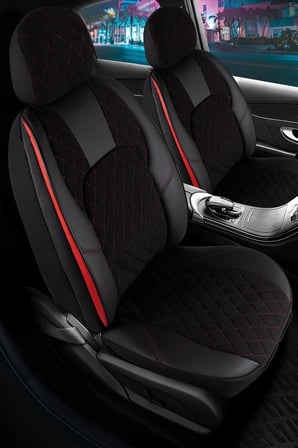 Opel Astra H Hatchback Yarı Deri Oto Koltuk Kılıfı Ön Arka Set Siyah Kırmızı Chester Seri ŞHN
