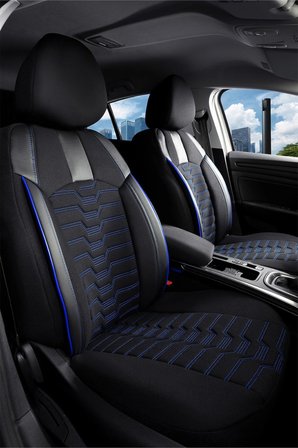 Citroen Berlingo 2+1 Deri Detaylı Oto Koltuk Kılıfı Ön Arka Set Siyah Mavi Platinium Model ŞHN