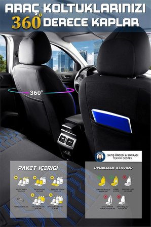 Citroen Berlingo 2+1 Deri Detaylı Oto Koltuk Kılıfı Ön Arka Set Siyah Mavi Platinium Model ŞHN