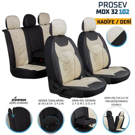 Ford Focus 3 Hatchback Deri Kadife Detaylı Oto Koltuk Kılıfı Ön Arka Set Bej Siyah Prosev Seri
