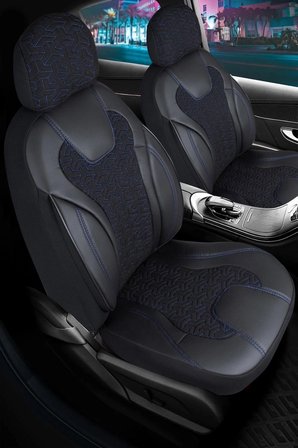 Daihatsu Sirion Deri Detaylı Oto Koltuk Kılıfı Ön Arka Set Siyah Mavi Siena Seri ŞHN