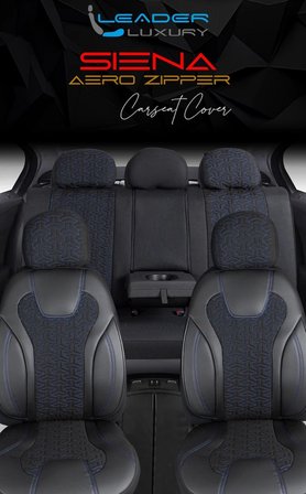 Daihatsu Sirion Deri Detaylı Oto Koltuk Kılıfı Ön Arka Set Siyah Mavi Siena Seri ŞHN