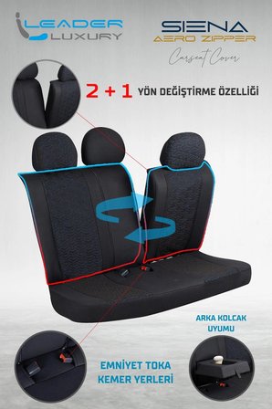 Daihatsu Sirion Deri Detaylı Oto Koltuk Kılıfı Ön Arka Set Siyah Mavi Siena Seri ŞHN