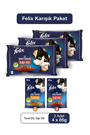 FELİX Karışık Yavru Kedi Yaş Maması 12 x 85 gr (6 Adet Tavuklu ve 6 Adet Sığır Etli)