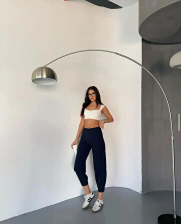 Wearflawless Kadın Lacivert Scuba Crep Kumaş Beli Lastikli Şalvar Model Balon Pantolon