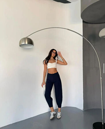 Wearflawless Kadın Lacivert Scuba Crep Kumaş Beli Lastikli Şalvar Model Balon Pantolon