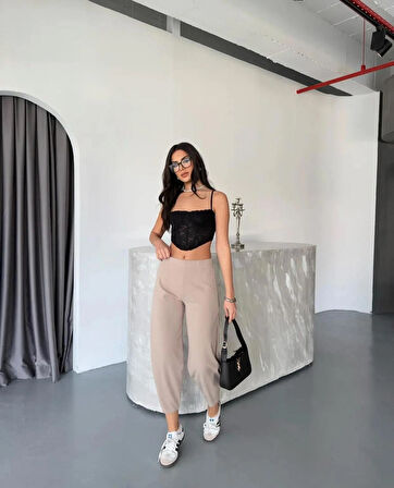 Wearflawless Kadın Bej Scuba Crep Kumaş Beli Lastikli Şalvar Model Balon Pantolon