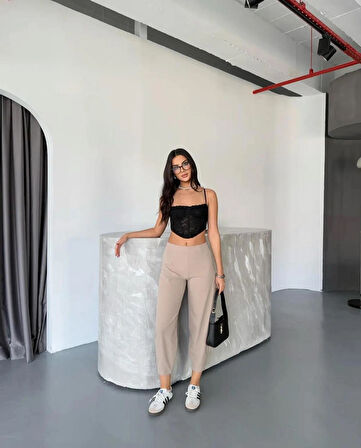 Wearflawless Kadın Bej Scuba Crep Kumaş Beli Lastikli Şalvar Model Balon Pantolon