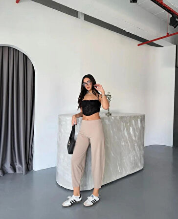 Wearflawless Kadın Bej Scuba Crep Kumaş Beli Lastikli Şalvar Model Balon Pantolon