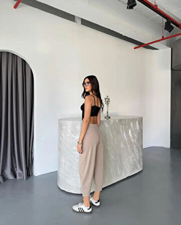 Wearflawless Kadın Bej Scuba Crep Kumaş Beli Lastikli Şalvar Model Balon Pantolon
