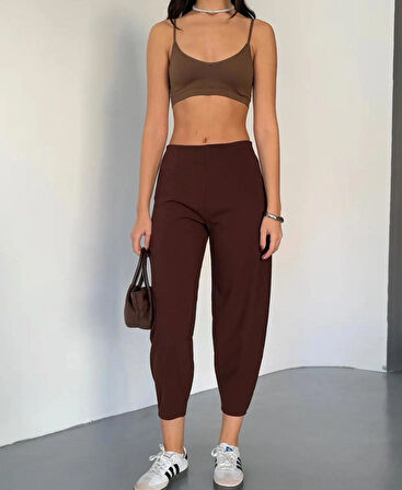 Wearflawless Kadın Kahverengi Scuba Crep Kumaş Beli Lastikli Şalvar Model Balon Pantolon
