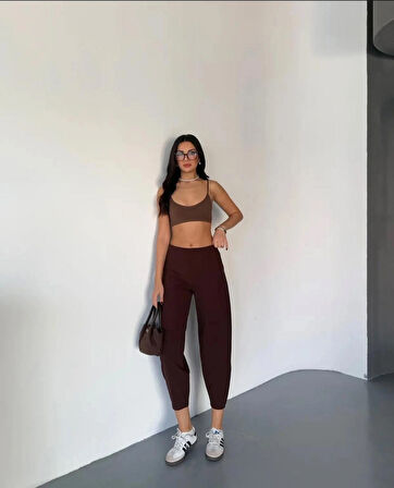 Wearflawless Kadın Kahverengi Scuba Crep Kumaş Beli Lastikli Şalvar Model Balon Pantolon