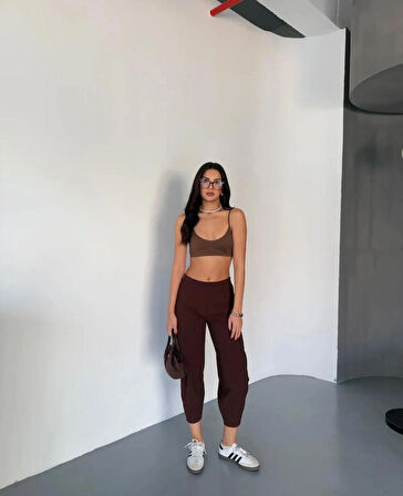 Wearflawless Kadın Kahverengi Scuba Crep Kumaş Beli Lastikli Şalvar Model Balon Pantolon