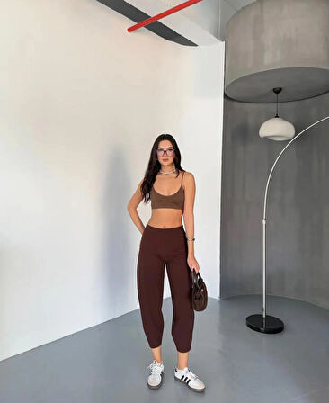 Wearflawless Kadın Kahverengi Scuba Crep Kumaş Beli Lastikli Şalvar Model Balon Pantolon