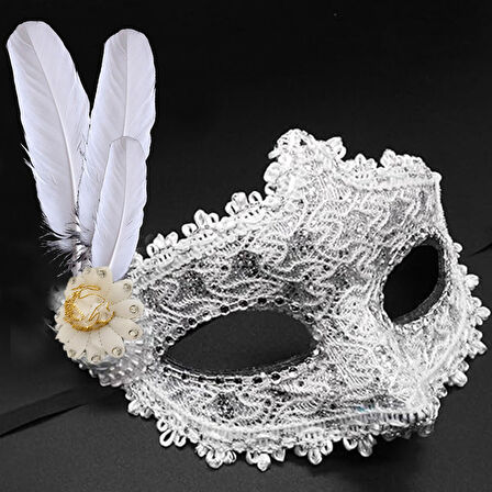 Beyaz Tüylü Dantelli Taşlı Balo Maskesi