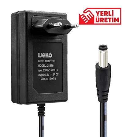 7.5 VOLT - 2 AMPER 5.5*2.5 UÇLU YERLİ ÜRETİM PRİZ TİPİ ADAPTÖR