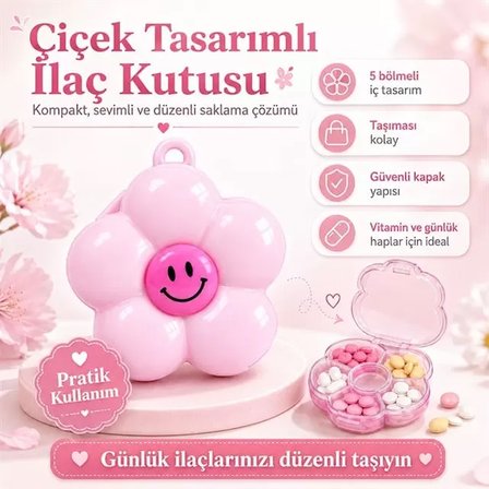 Sunup Sn-38886 Hap Saklama Kutusu 5 Bölmeli Çiçek Tasarımlı Taşınabilir Anahtarlıklı Organizatör