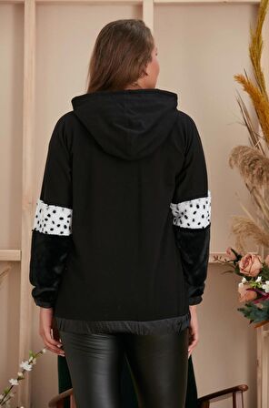 Kol ve Cep Peluş Detaylı Taş Baskılı Büyük Beden Siyah Sweatshirt