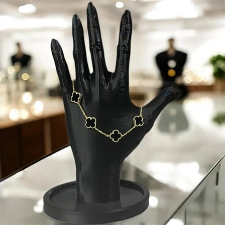 925 Ayar Gümüş Altın Kaplama Siyah Taşlı Şanslı Yonca Bileklik