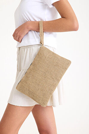 Premium Kadın Hasır Jüt Astarlı Fermuarlı Clutch El Çantası Portföy