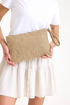 Premium Kadın Hasır Jüt Astarlı Fermuarlı Clutch El Çantası Portföy