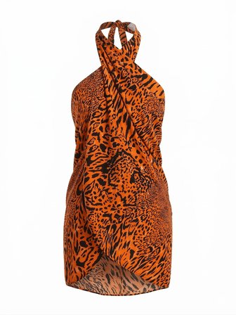 Kadın Viskon Plaj Elbisesi ve Pareo - 80x135 cm Elbiseye Dönüşebilen Leopar ve Çok Renkli Sarong
