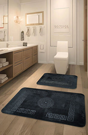 Simav Deluxe Kaymaz Taban, Emici 2'li Lüks Baskılı Banyo Paspası Antrasit