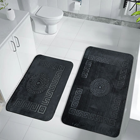 Simav Deluxe Kaymaz Taban, Emici 2'li Lüks Baskılı Banyo Paspası Antrasit