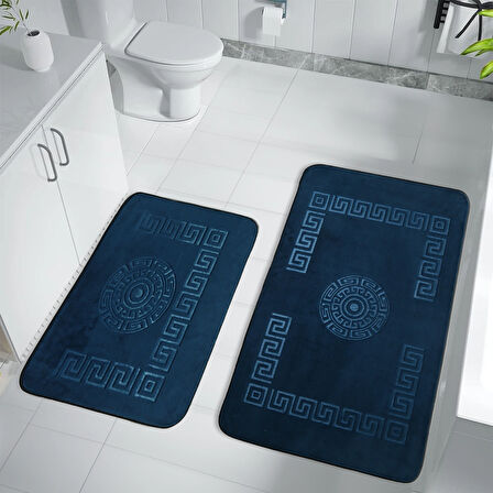 Simav Deluxe Kaymaz Taban, Emici 2'li Lüks Baskılı Banyo Paspası Mavi