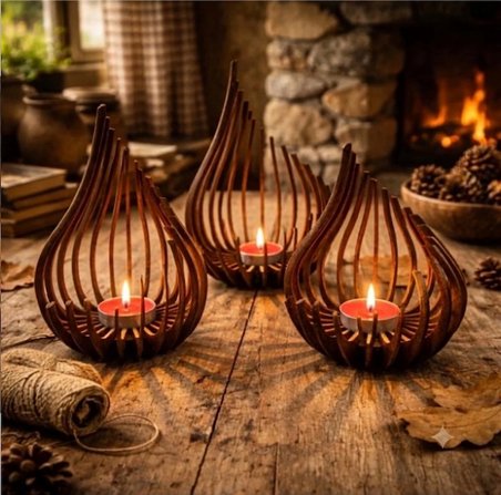 Ceren 3'lü Dekoratif Ahşap Büyük Boy Parametrik Mumluk Seti -Tealight Mumluk Şamdan- 31 cm Ceviz