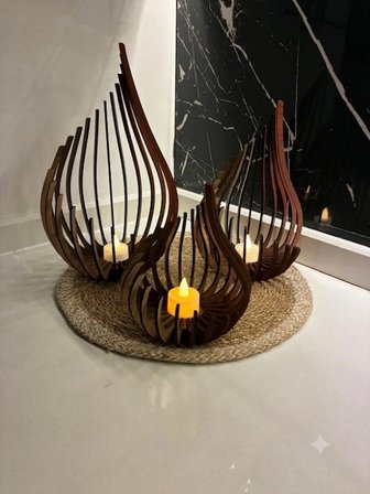 Ceren 3'lü Dekoratif Ahşap Büyük Boy Parametrik Mumluk Seti -Tealight Mumluk Şamdan- 31 cm Ceviz
