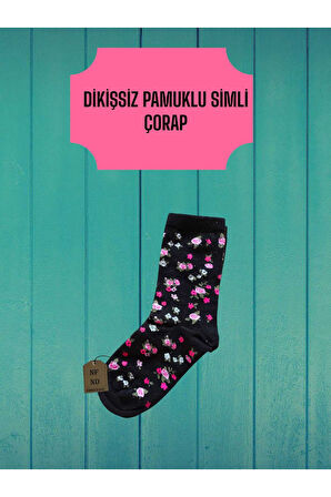 SİMLİ PAMUKLU DİKİŞSİZ YILBAŞI ÇİÇEKLİ  SOKET ÇORABI YUMUŞAK SİYAH KADIN ÇORAP 36-40
