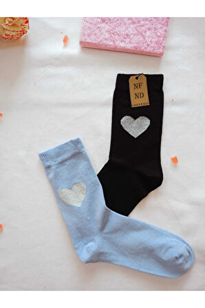 2 ÇİFT DİKİŞSİZ SOKET BAMBU SİMLİ KALPLİ ÇORABI YUMUŞAK KADIN MAVİ SİYAH ÇORAP 36-40