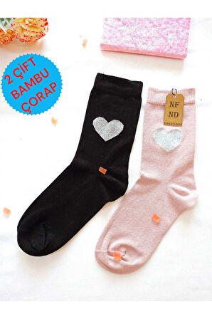 2 ÇİFT DİKİŞSİZ SOKET BAMBU SİMLİ KALPLİ ÇORABI YUMUŞAK KADIN SİYAH PEMBE ÇORAP 36-40