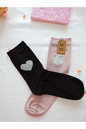 2 ÇİFT DİKİŞSİZ SOKET BAMBU SİMLİ KALPLİ ÇORABI YUMUŞAK KADIN SİYAH PEMBE ÇORAP 36-40