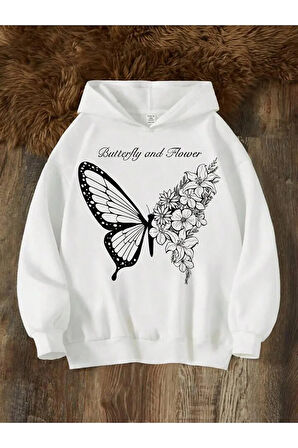 Kız Çocuk Beyaz Kelebekli Çiçekler Baskılı Sweatshirt
