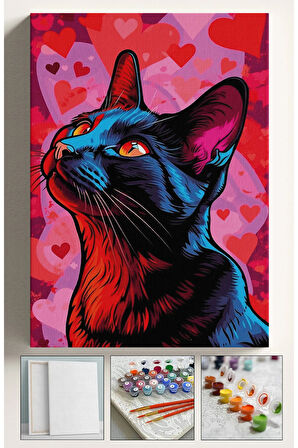 Sayılarla Boyama Hobi Seti Çerçeveli KALPLİ SİYAH KEDİ Kasnaklı 40x50Cm