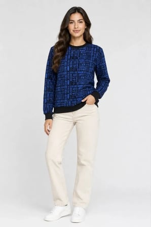 Siyah Mavi Yazı Desenli İki İplik Şardonlu Sweatshirt