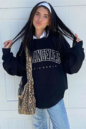 Kadın Siyah Los Angeles Baskılı Oversize Kadın Sweatshirt